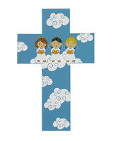 Light of the World - Wooden Cross - Three Angels - Blue- 8"H
