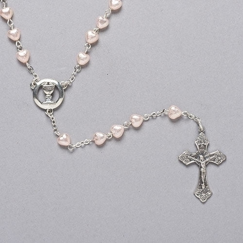 First Communion Rosary Pink Heart Bead with Chalice Center