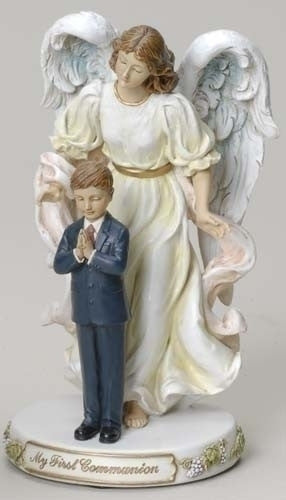 First Communion Boy with Praying Angel Figure 7"H