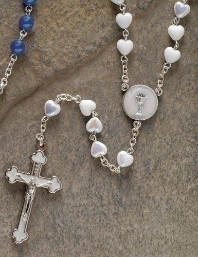 16" White First Communion Rosary with Heart Shaped Beads