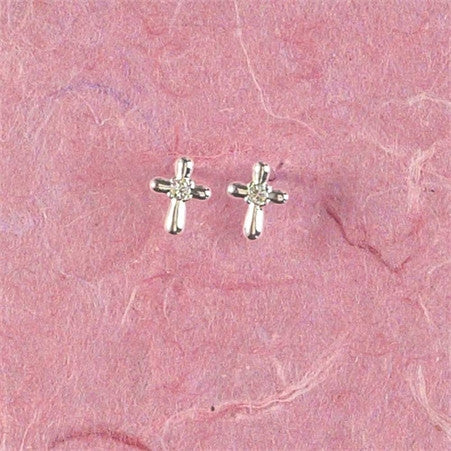 Silver Plated Petal Cross with CZ Earrings on Sterling Sliver Posts