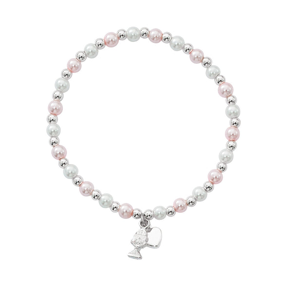 Pink and White Pearl Stretch First Communion Bracelet