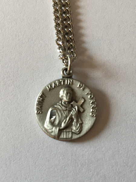 Saint Martin de Porres Round Pewter Necklace with Holy Card