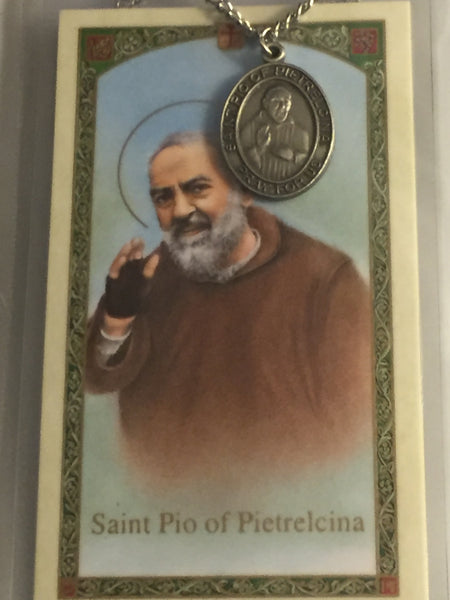 St. Padre Pio Pewter Medal Necklace with Holy Card