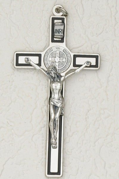 Saint Benedict Deluxe Black Enamel Wall Cross - Silver Tone Medal