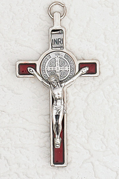 Saint Benedict Red Pearl Enamel Crucifix - Silver Tone Medal
