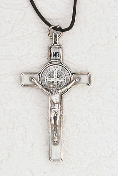 Saint Benedict White Pearl Enamel Crucifix - Silver Tone Medal