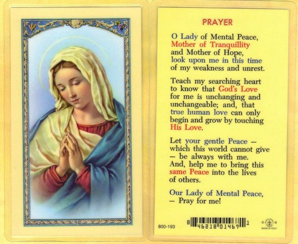 Prayer for Mental Peace-Our Mother of Tranquility Laminate Holy Card