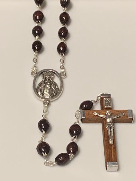 Wood Bead Rosary Dark Red Round Bead with Sacred Heart