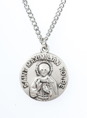 St. Maximilian Kolbe Pewter Medal Necklace with prayer card