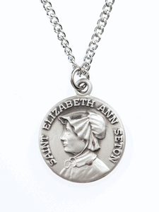 St. Elizabeth Ann Seton Pewter Saint Medal Necklace with Prayer Card
