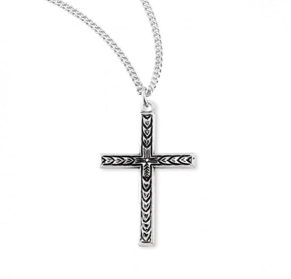 Engraved Leaf Design Sterling Silver Cross