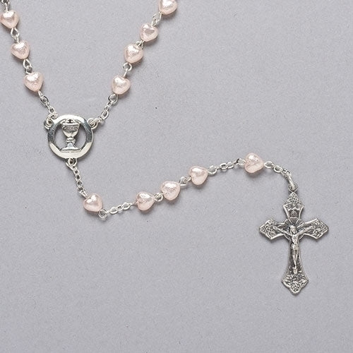 First Communion Rosary Pink Heart Bead with Chalice Center