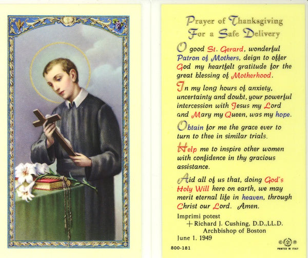 St. Gerard Prayer of Thanksgiving for a Safe Delivery Laminate Holy Card