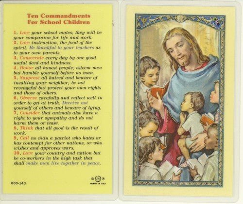 Ten Commandments for School Children Holy Card Laminate