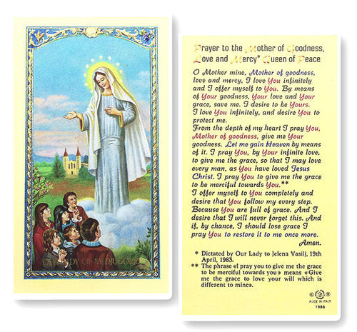 Prayer to the Mother of Goodness, Love and Mercy Queen of Peace -Our Lady of Medjugorje Laminate Holy Card