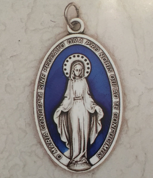 Miraculous Medal - 1-1/2 inch Double Sided Blue Enamel Medal Oxidized