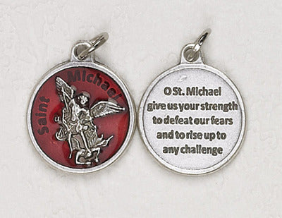 St. Michael - 3/4 inch Double Sided Round Red Enamel  Medal Oxidized