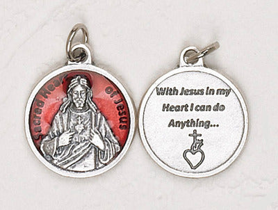 Sacred Heart - 3/4 inch Double Sided Round Red Enamel  Medal Oxidized