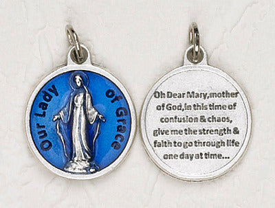 Our Lady Of Grace Blue Enameled 3/4 inch Medal with prayer on back. Oxidized