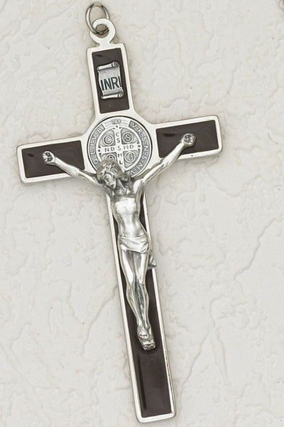 Saint Benedict Black Enamel Wall Cross - Silver Tone Medal