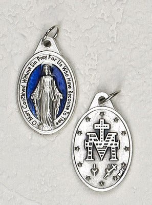 Miraculous Medal - 3/4 inch Double Sided Blue Enamel Medal Oxidized