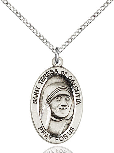 Saint Mother Teresa Pewter Medal Necklace with Holy Card