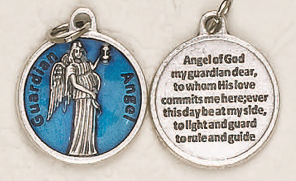 Guardian Angel - 3/4 inch Double Sided Round Blue Enameled Medal Oxidized