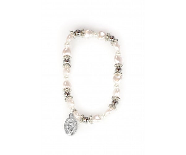 First Communion Bracelet with Pink Heart Beads