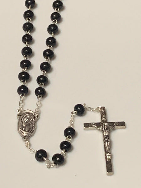 Wood Bead Rosary Dark Red Round Bead with Our Lady Center