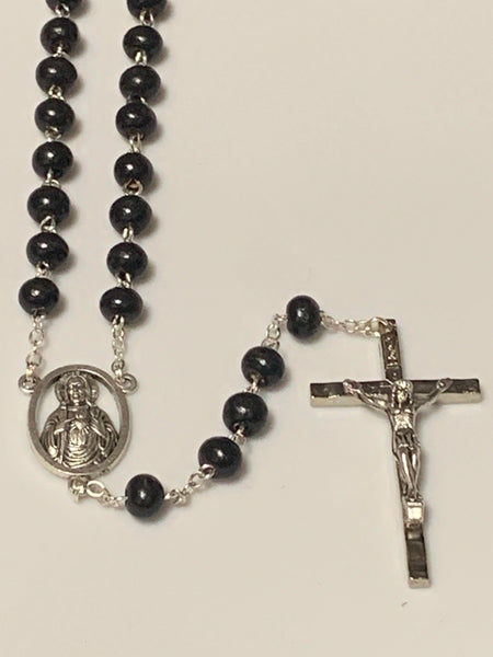 Wood Bead Rosary Black with Sacred Heart Center