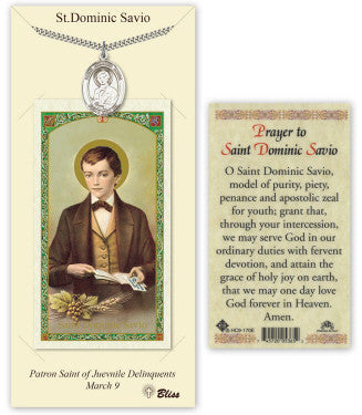 St. Dominic Savio Pewter Saint Medal Necklace with Prayer Card