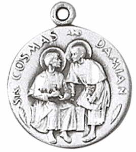 St. Cosmas & Damian Pewter Saint Medal Necklace with Prayer Card