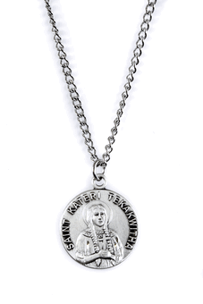 St. Kateri Tekakwitha Pewter Medal Necklace with Holy Card