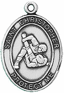 Pewter Wrestling St. Christopher Sport Medal Necklace